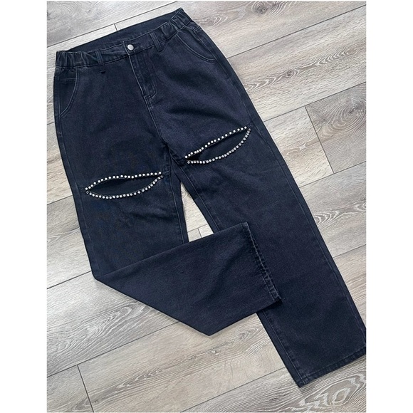 Denim - Wide Leg Embellished Cut Out Jeans